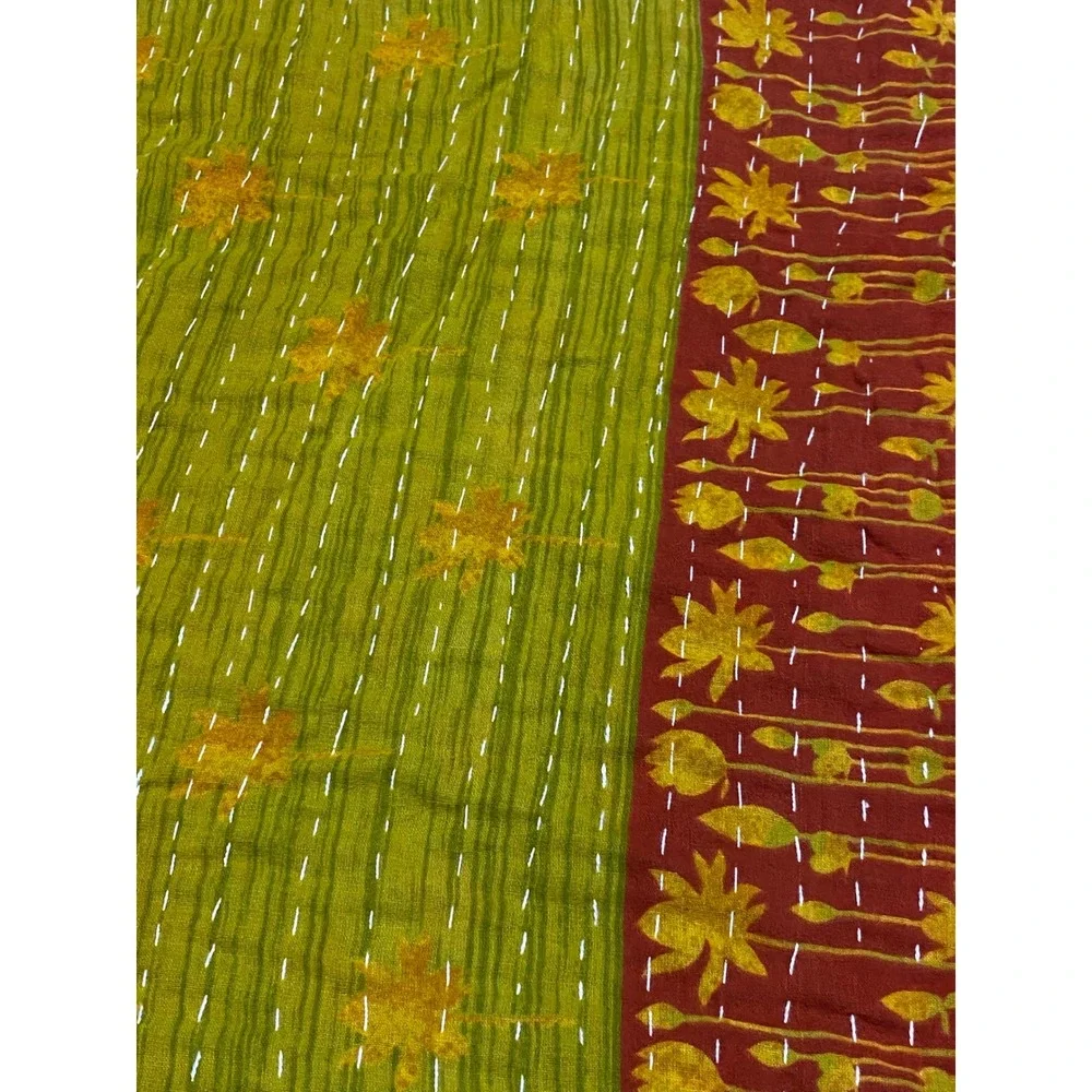 Hand Stitched Kantha Quilt Reversible 100% Cotton Throw Floral Green Blue